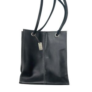 Lillian Vernon Black Leather Tote with Silver Hardwear